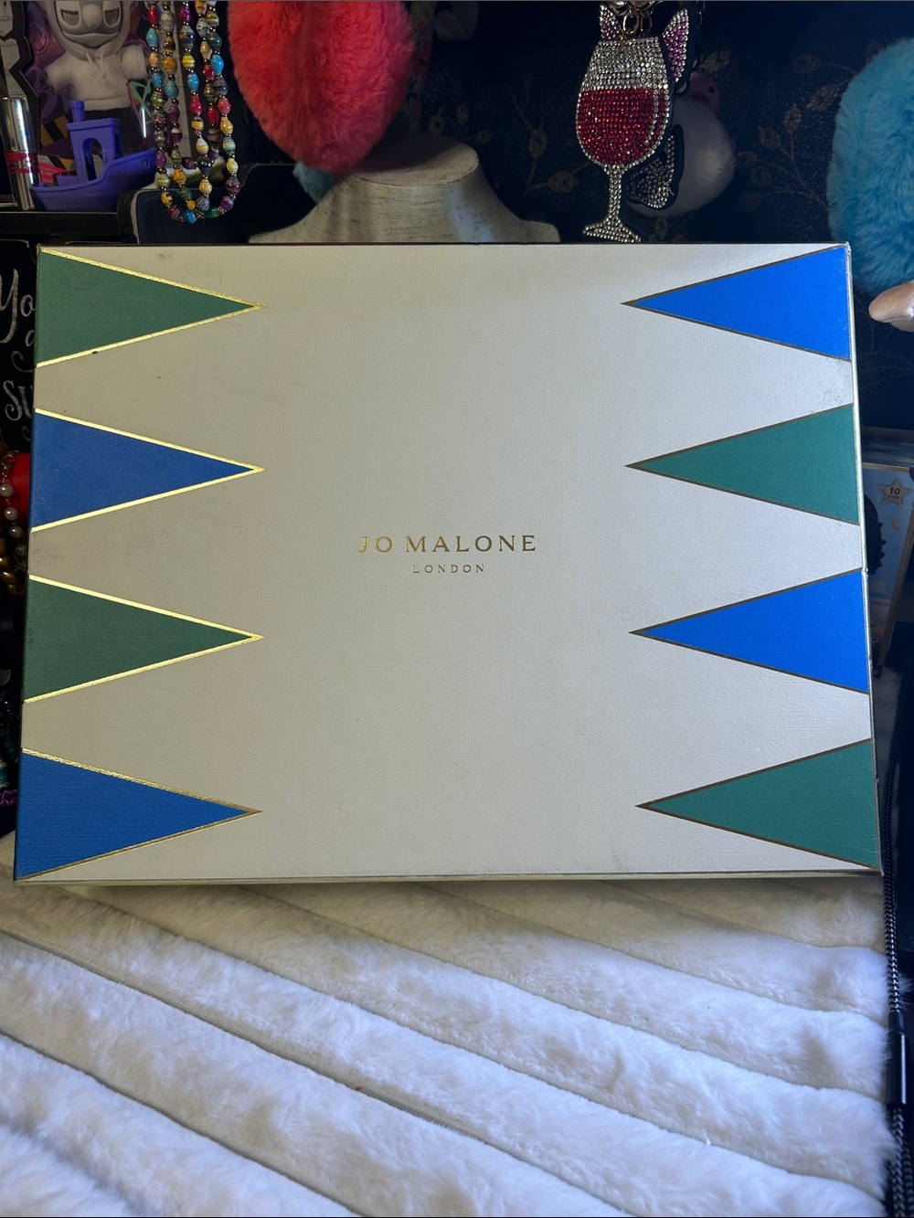 Jo Malone White Gift Box with Blue & Green Geometric Accents
